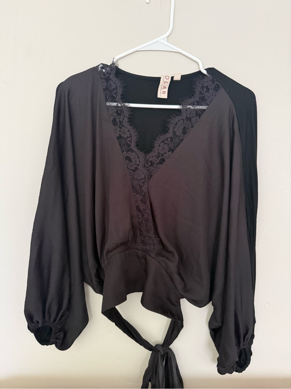 Anthropologie Black Lace-Trim Wrap Blouse